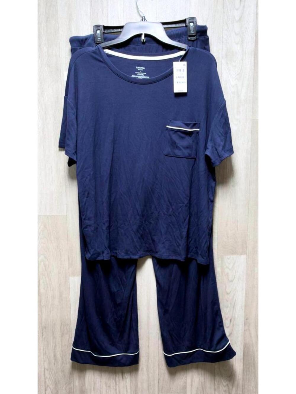 State of Day Navy Blaze 2pc Short-Sleeve Shirt and Wide Leg Pajama Set Women